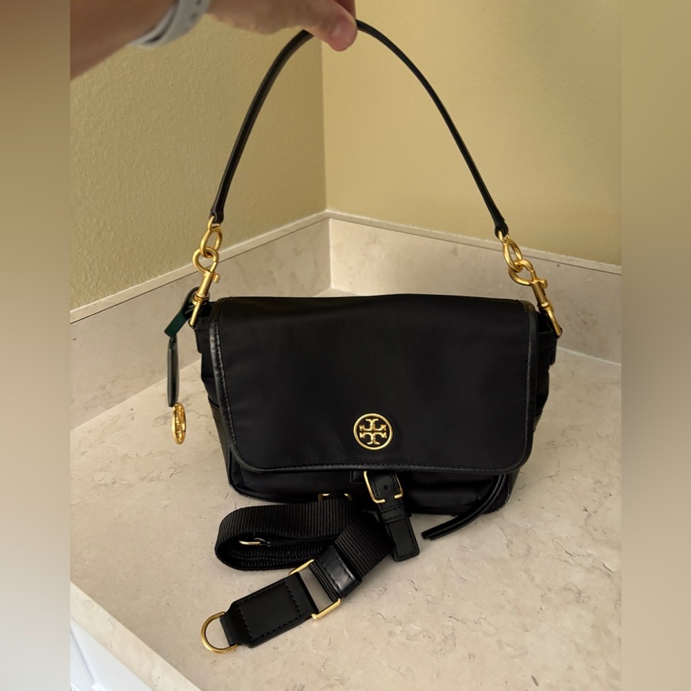 Tory Burch Black Nylon Crossbody Bag with Gold Accents
